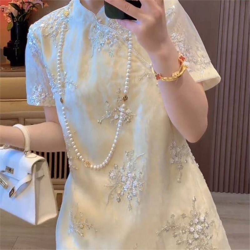 Chinese-style light luxury retro beaded embroidered dress, 2026 summer new fashion chic cheongsam dress Chinese-style light luxury retro beaded embroidered dress, 2026 summer new fashion chic cheongsam dress