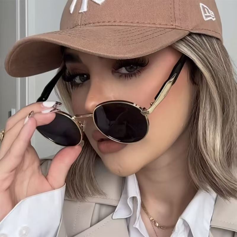 跨境新款圆框墨镜女高级感金属大框太阳镜男士欧美时尚街拍眼镜女