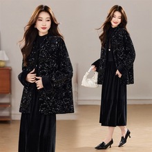 冬季新款加棉加厚新中式小立领重工丝绒宽松百搭款棉衣外套女黑色