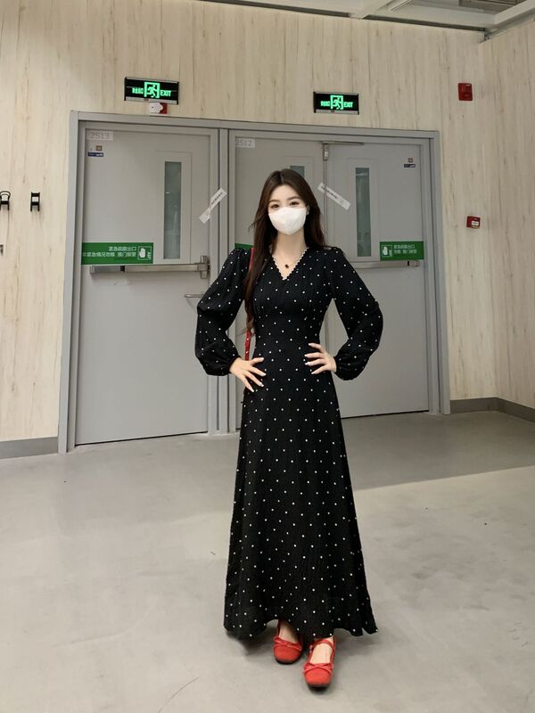 大码女装2025秋季气质赫本风收腰显瘦式复古长袖连衣裙女|undefined
