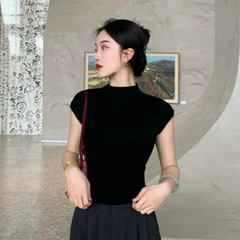 气质半高领黑色短袖T恤女2025年夏季新款紧身辣妹T正肩修身上衣女