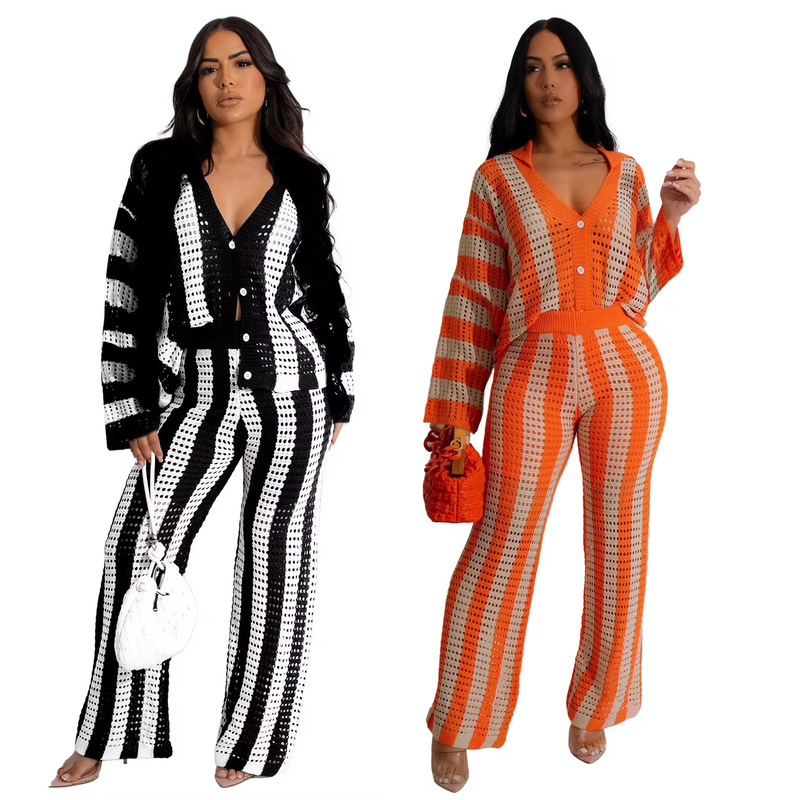 Autumn and Winter Knitted Sweater Fashion Sexy Hollow-Out Wide-Leg Knitted Sweater Two-Piece Set T8878