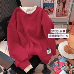 跨境卫衣2025秋季外套新款加绒假两件长袖宽松圆领韩系大码女装