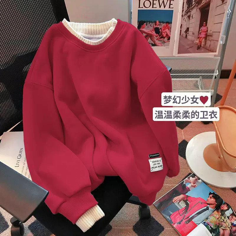 跨境女式卫衣加绒圆领加绒假两件长袖卫衣外套韩系大码女装秋外套