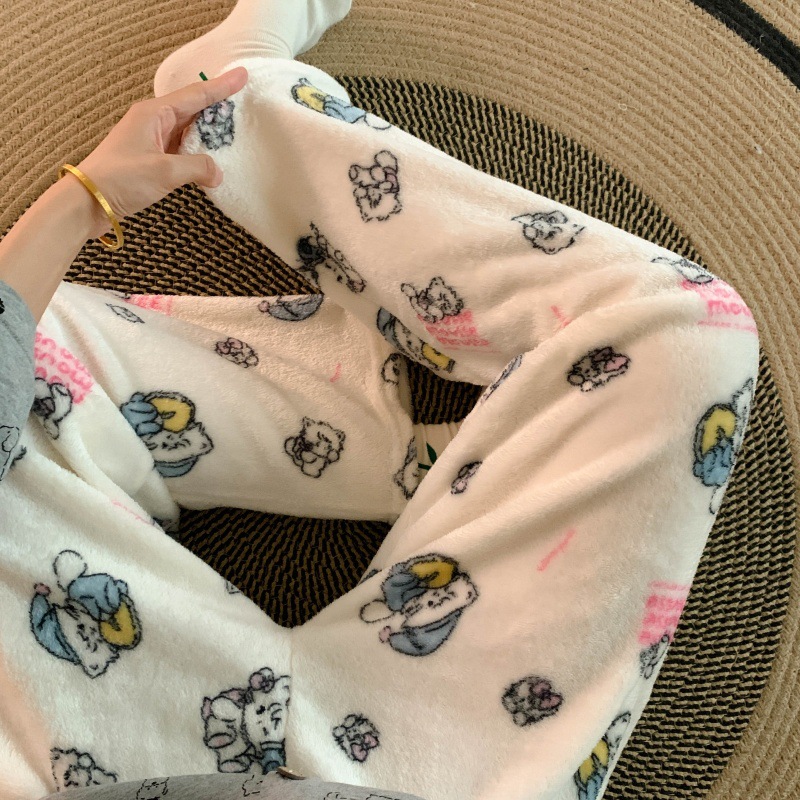 Pantalones de pijama de franela de dibujos animados de otoño y invierno para mujeres con pantalones de lana de coral caliente para estudiantes de lana de invierno para el hogar