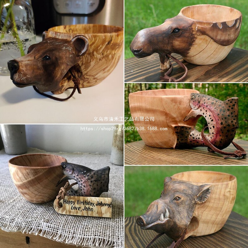 Cross-Border Animal Motifs of Bear, Fox, Fish, Reindeer, Wild Boar, Wolf, Wooden Hand-Carved Wine Glasses, Bowls, Crafts, and Ornaments