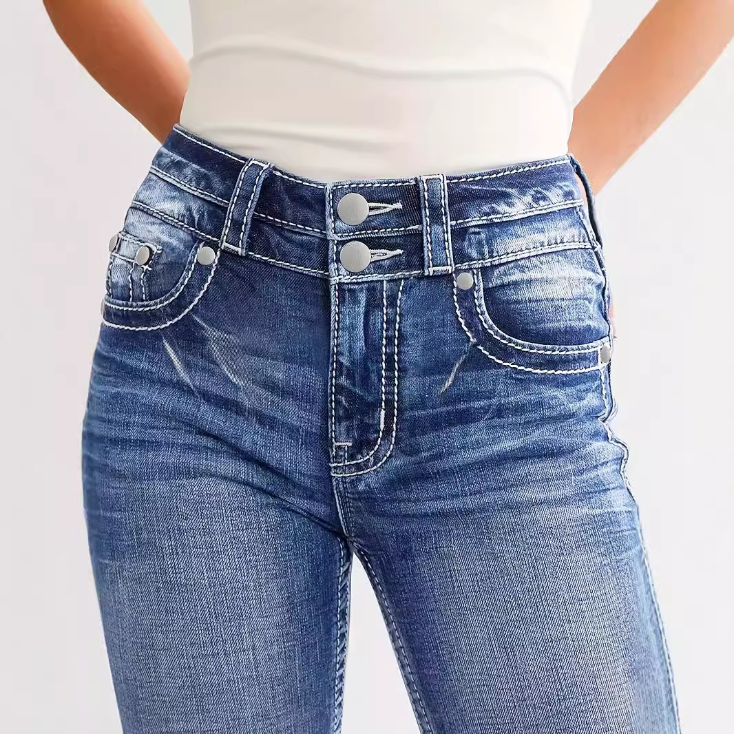 Jeans Rectos Bordados para Mujer, Mezclilla de Algodón, Cintura Alta, Alta Elasticidad image 4