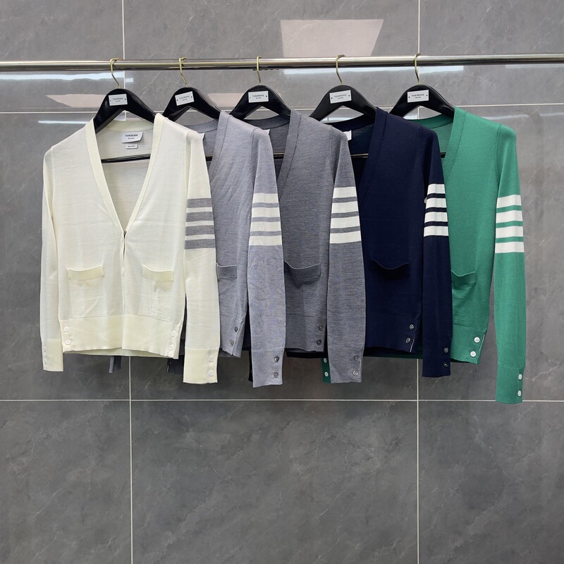 Trendy Tb Summer New Four-Button Merino Wool Thin Cardigan with Pockets for Women, Fashionable and Versatile