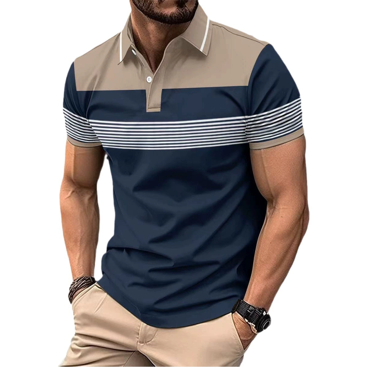 Новинка 2024, мужская повседневная трансграничная футболка-поло от Amazon, универсальная деловая футболка в полоску с V-образным вырезом и пуговицами