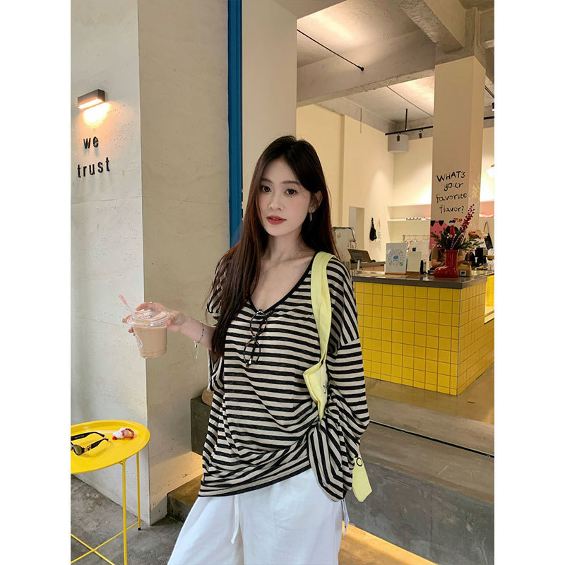 Thin Striped Color-Block Long-Sleeve Women's U-Neck T-Shirt Base Shirt Top Spring Loose Casual Sun-Protective Cover-Up European and American Style Thin Striped Color-Block Long-Sleeve Women's U-Neck T-Shirt Base Shirt Top Spring Loose Casual Sun-Protective Cover-Up European and American Style