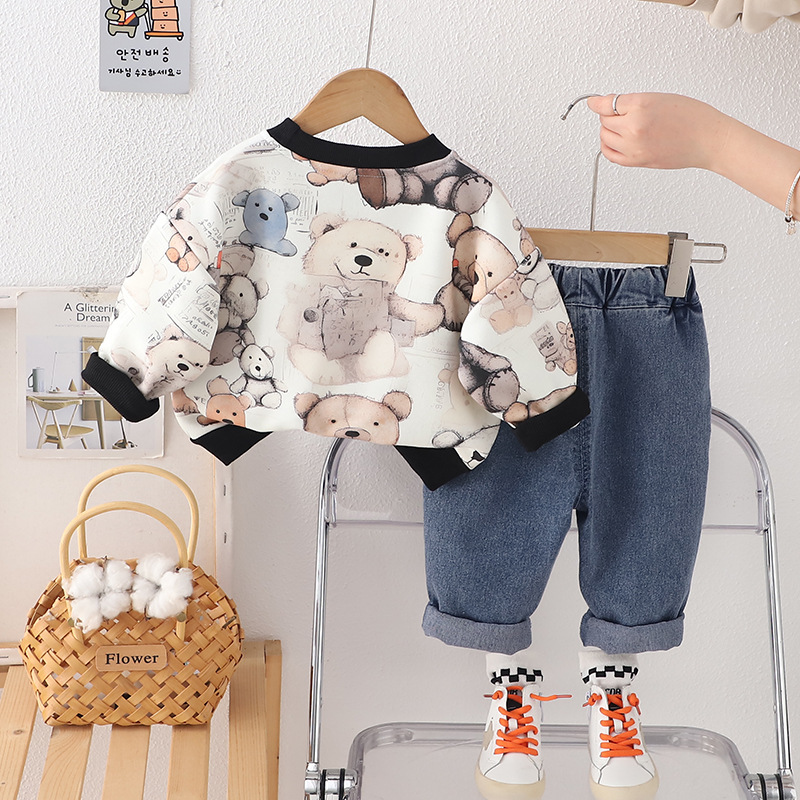 Sudadera con capucha para niños cuello redondo, estilo coreano – set con diseño de oso cute, primavera 2025.