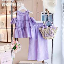 女童露肩袖上衣套装阔腿裤子两件套2026夏季新款韩版中大童儿童潮