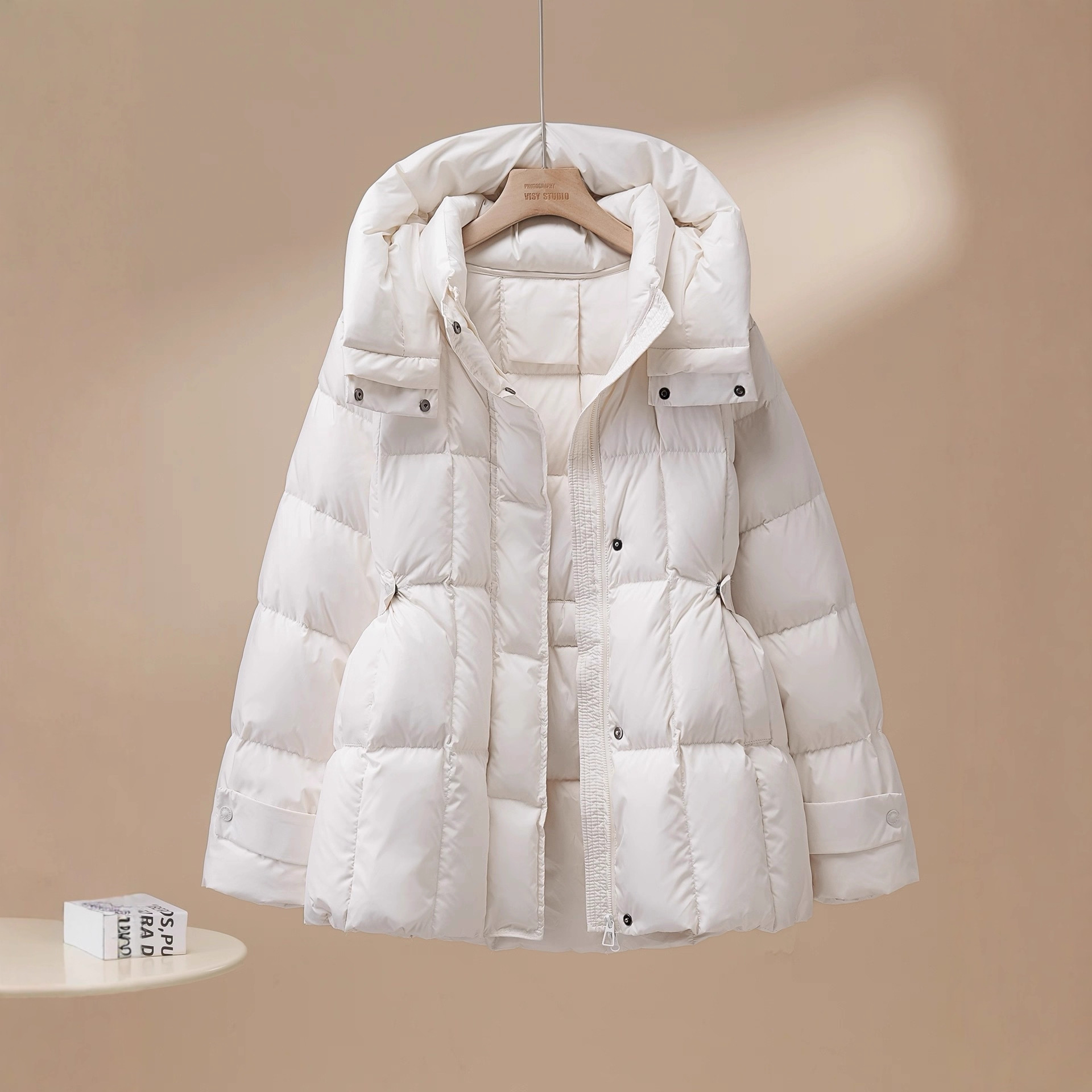 2025 New Winter down Jacket Women's Mid-Length Thickeneded Korean Style Waist Slimming Look White Duck down Hooded Cloak Jacket