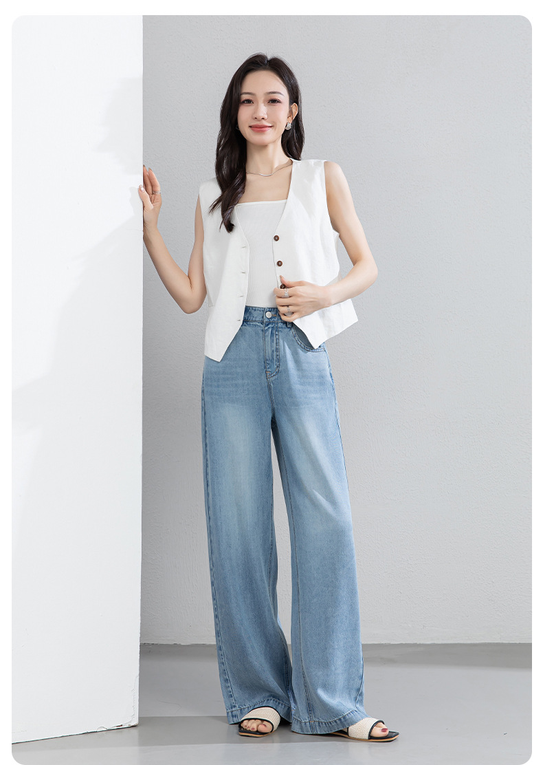 Quần jean nữ ống rộng cạp cao dáng suông vải Tencel mềm mại dài 103 cm — Màu xanh - Chiều dài quần thông thường khoảng 103cm chi tiết 21