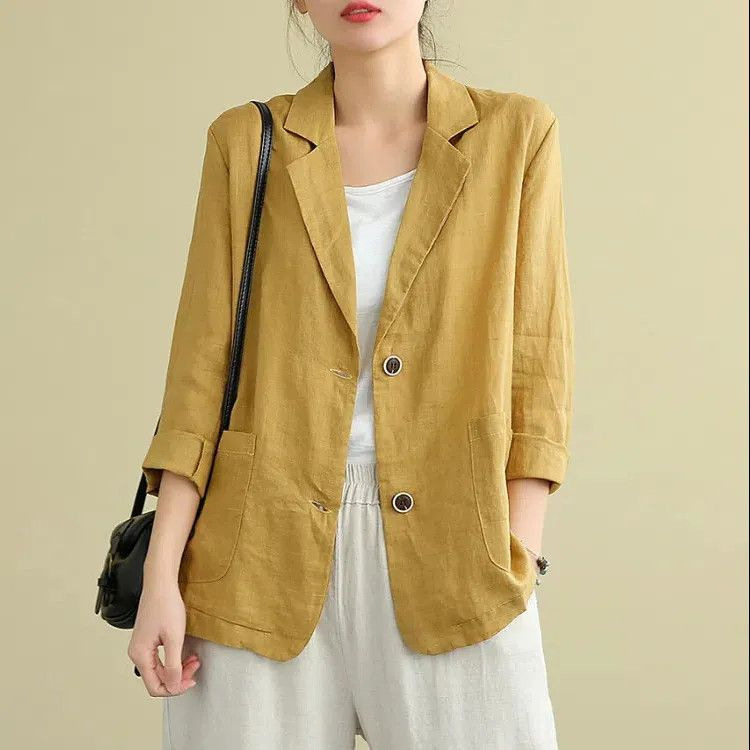 Cotton and Linen Suit Short Jacket for Women 2025 Spring & Fall New Style Literary Large Size Loose Casual Long-Sleeved Small Suit Top