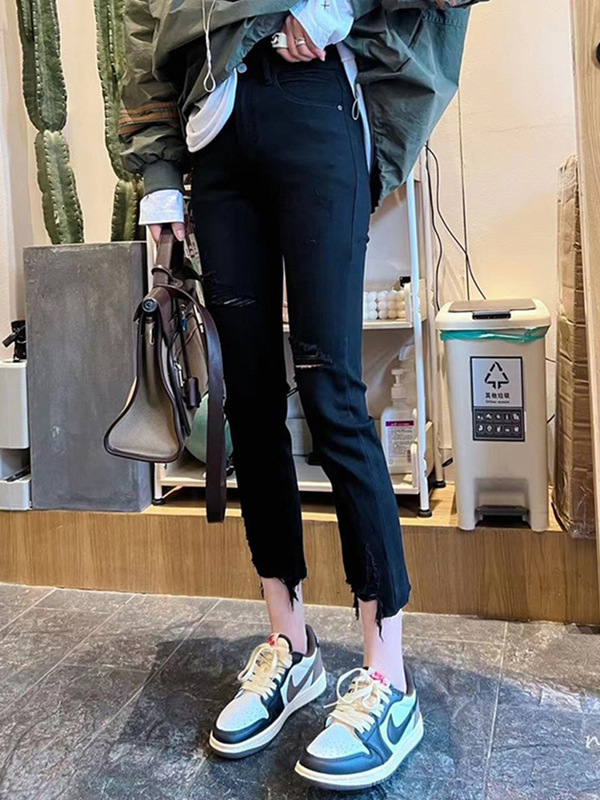 Pear-Shaped Figure Straight Ripped Jeans Women's Spring and Summer Thin High-Waist Slim-Fit Slimming Small Women's Cropped Smoke Pants