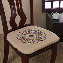 新中式刺绣餐椅垫棉麻加厚坐垫实木椅子垫防滑椅座垫带绑带可拆青