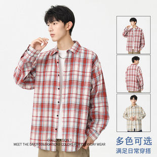 Plaid Shirt Men's Autumn New American Style Fashionable Brand Plaid Shirt Clothes Loose Lapel Long-sleeved Jacket for Teenagers