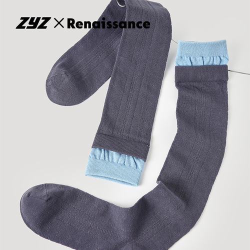 Renaissance original women's socks spring and summer black vertical striped mid-calf socks with contrasting color ribbed boneless calf socks
