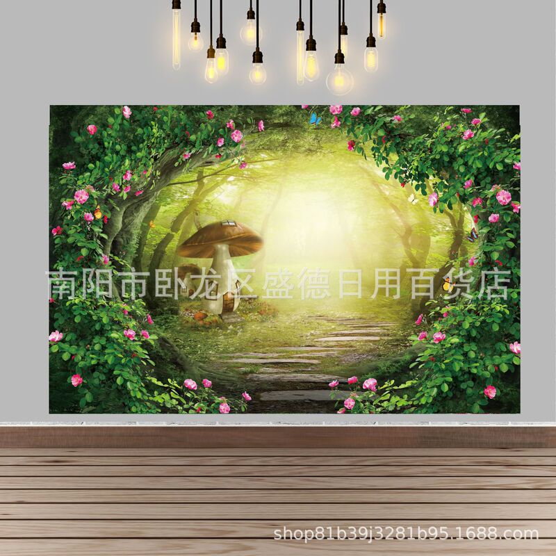 Foreign trade fairy tale forest wonderland mushroom photo background children's birthday party decoration banner studio background cloth Foreign trade fairy tale forest wonderland mushroom photo background children's birthday party decoration banner studio background cloth