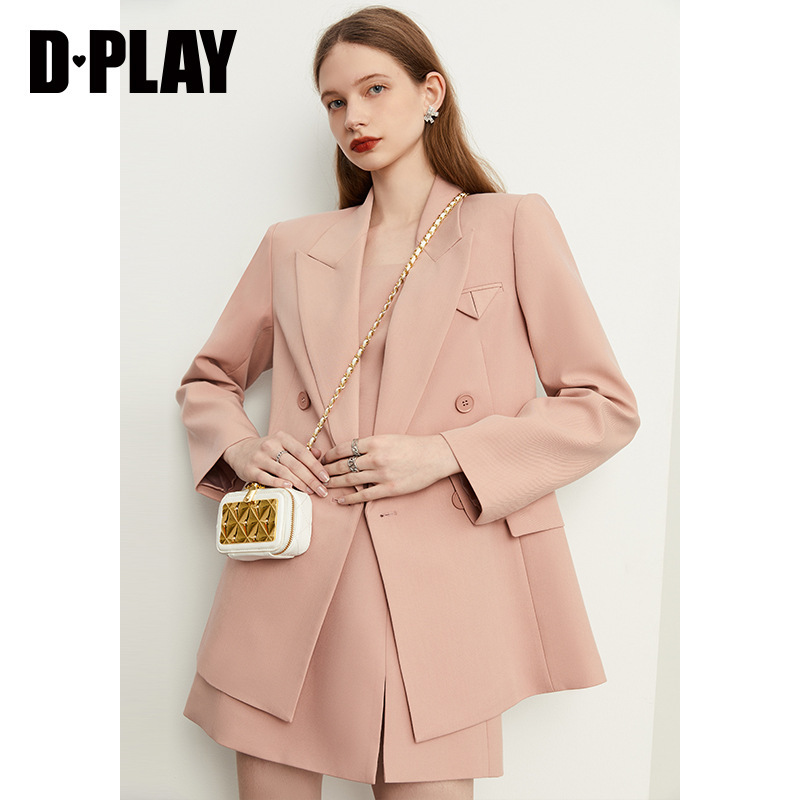 DPLAY2025秋季通勤西装套裙粉色西装短款套装长袖外套长袖西服女|undefined