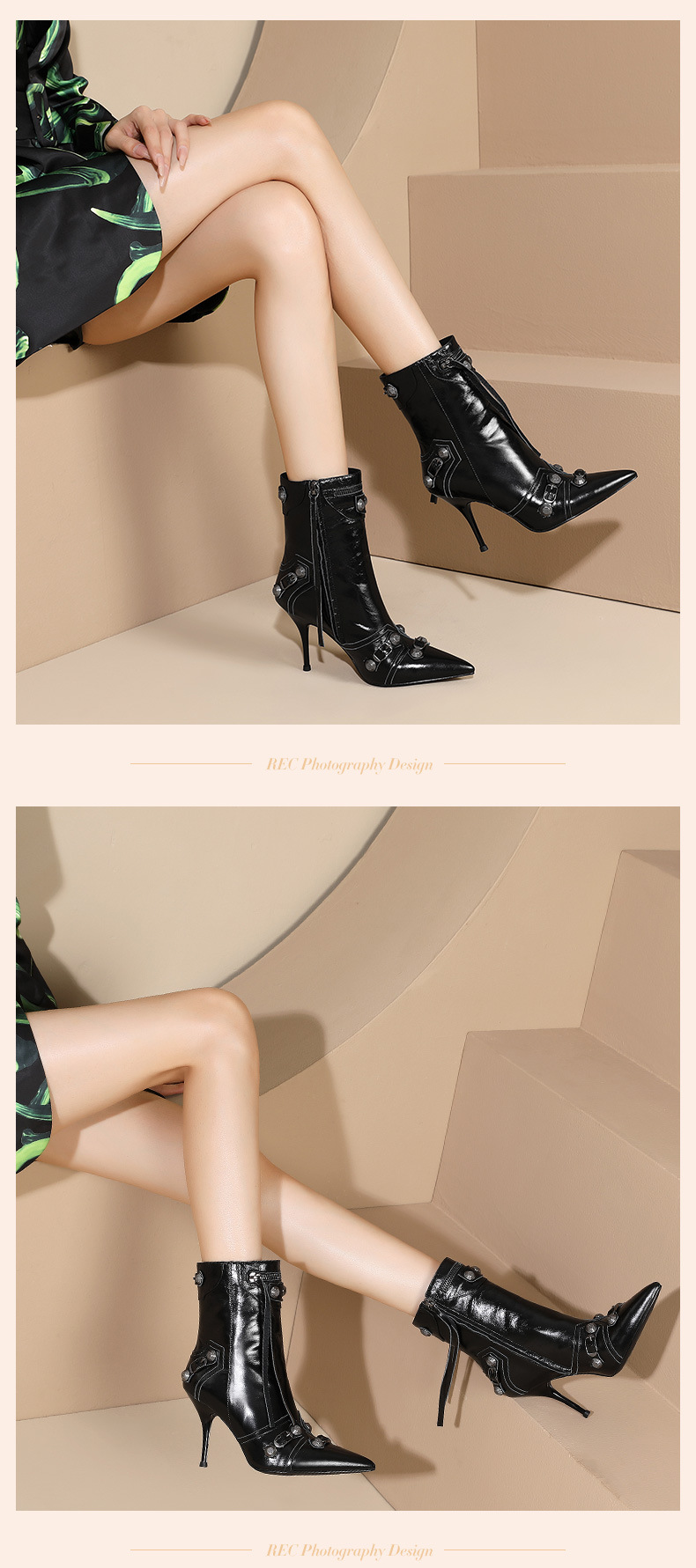 Boot ngắn mũi nhọn đinh tán phong cách punk gót nhọn dây kéo bên màu đen — Màu đen (lót nhung) chi tiết 7