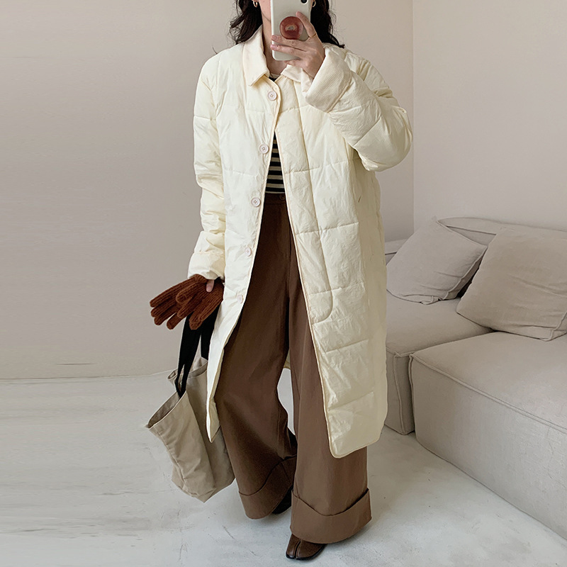 羽绒棉服女中长款过膝冬新款韩版轻薄寸衫领宽松显瘦棉服外套|undefined