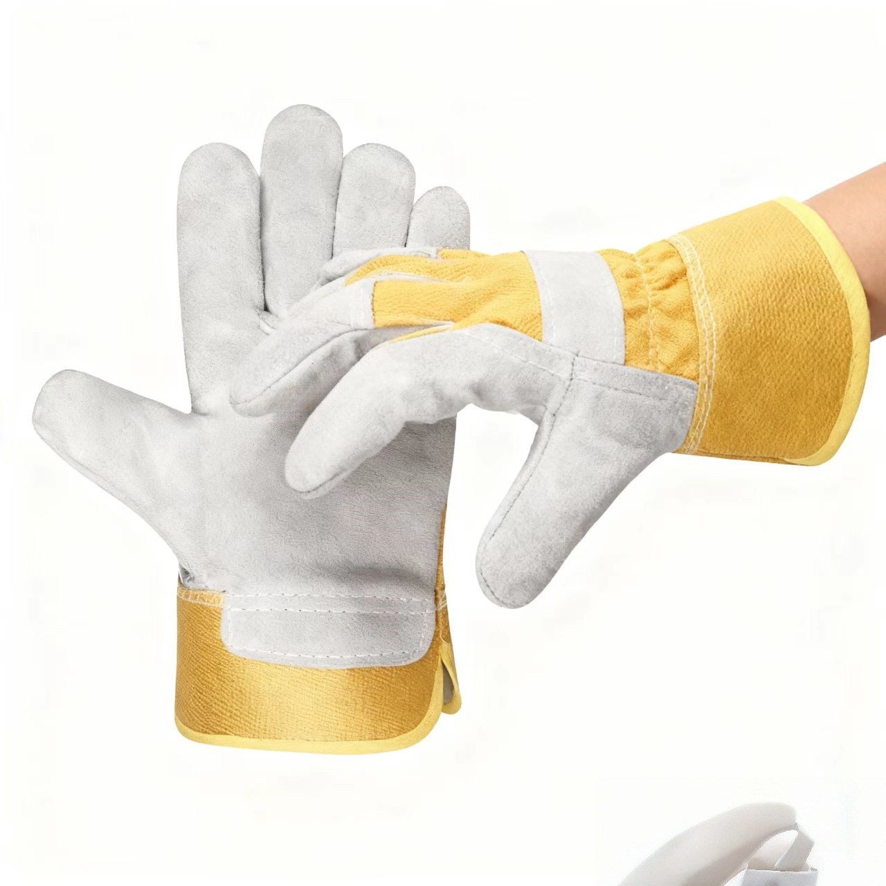 二层黄布短款电焊翻毛牛皮电焊焊工手套防火线防烫焊工牛皮手套
