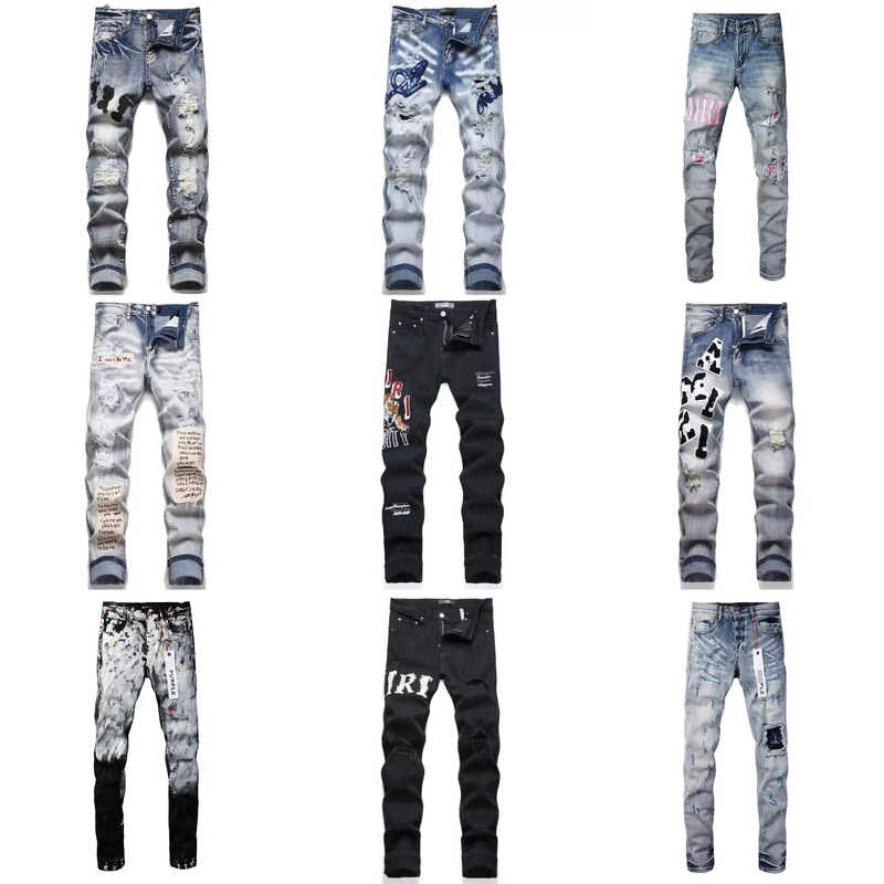 Vintage Ripped Jeans with Color-Blocking Patches, Slim Fit, Hip-Hop Style, Embroidered Badges, Patchwork, Men's Trendy Model