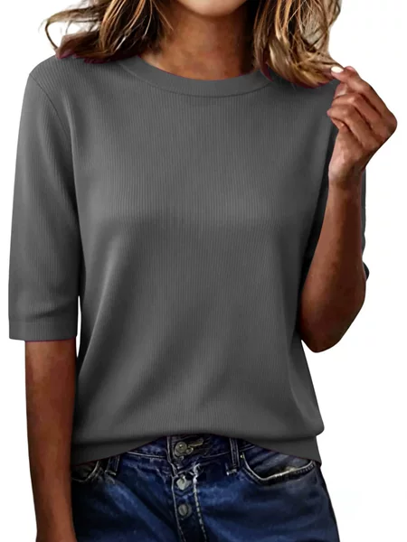 Cross-Border Amazon European and American New Style Solid Color Loose T-Shirt Round Neck Women's Summer Mid-Sleeve Ice Silk Ribbed Base Shirt Cover-Up