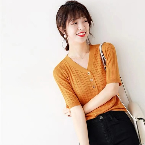 V-neck sweater for women 2024 summer new Korean style loose pullover temperament vertical striped short-sleeved Tencel top