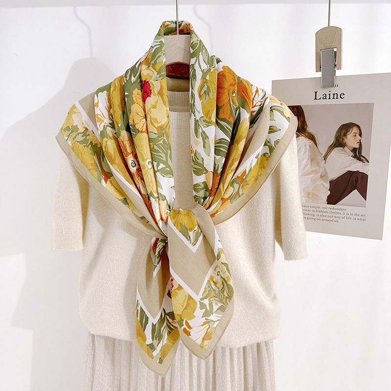 Japón y Corea del Sur nicho de diseño estilo pastoral flor floral impresión bufandas de seda 90 personaje bufandas cuadrada de viaje fuera de la toalla cuadrada