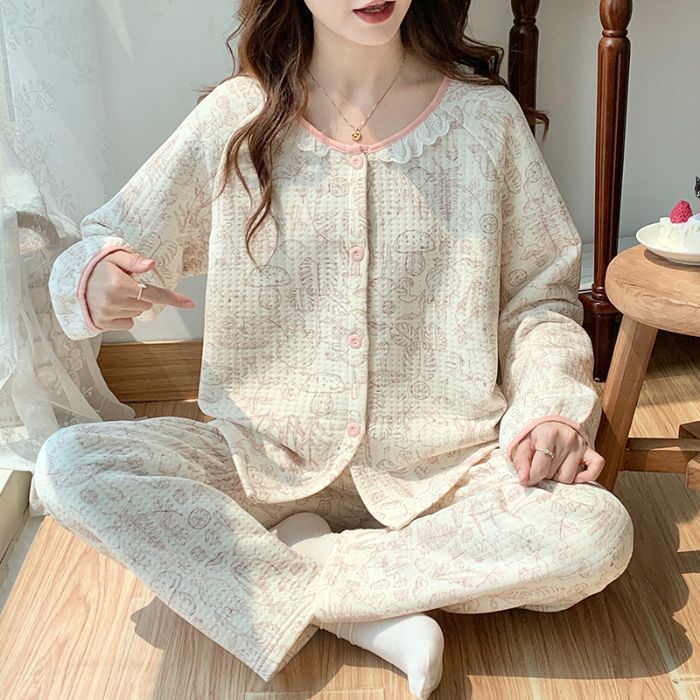 空气棉夹层睡衣女秋冬季加厚花边长袖套装甜美水墨画家居服可外穿|undefined