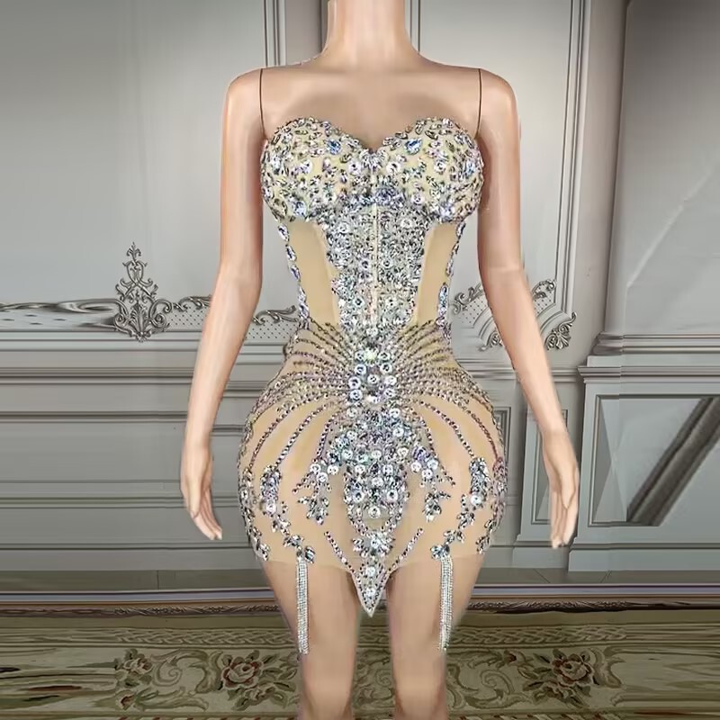 Sexy backless strapless waist-cinching sparkling rhinestone short dress, bodycon party dress for singers and models, high-end light luxury Sexy backless strapless waist-cinching sparkling rhinestone short dress, bodycon party dress for singers and models, high-end light luxury