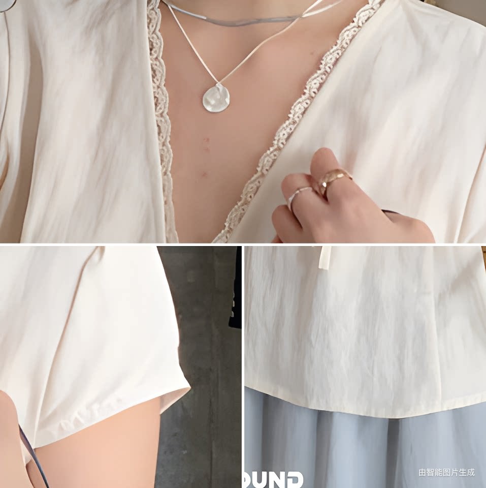Áo sơ mi nữ tay ngắn cổ V phối nơ xinh xắn — Màu xanh sữa, yến mạch chi tiết 8