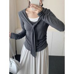 2025松弛感假两件设计拼接撞色长袖T恤女秋季韩系修身设计感时尚