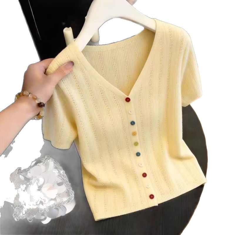 Women's Summer V Neck Hollow Short Sleeve T-Shirt Lightweight Slimming Knitted Cardigan Top New Style_ecoleips.com