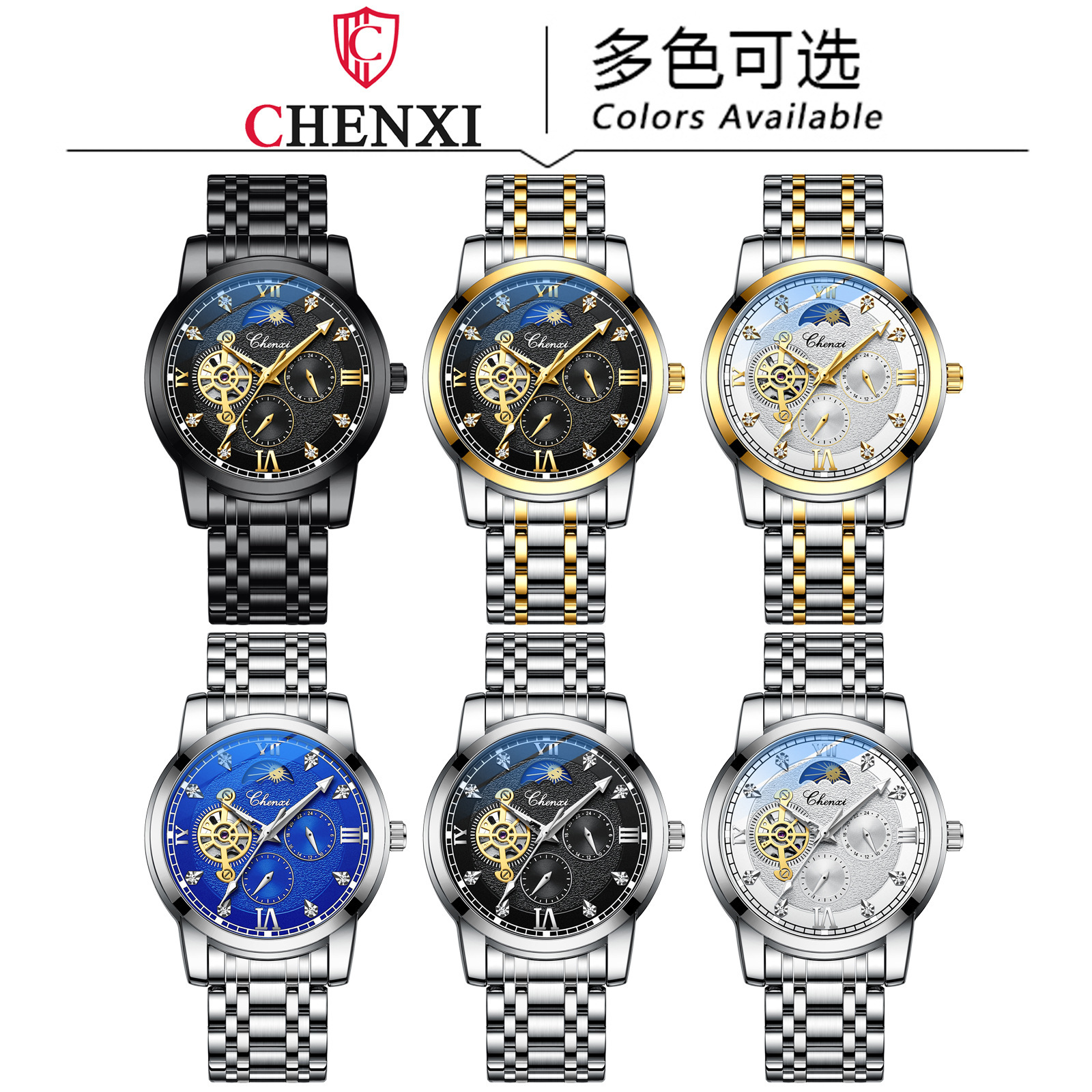 CHENXI reloj casual reloj mecánico automático de los hombres fase lunar nueva mariposa hebilla correa de acero hueco-hacia fuera transparente inferior