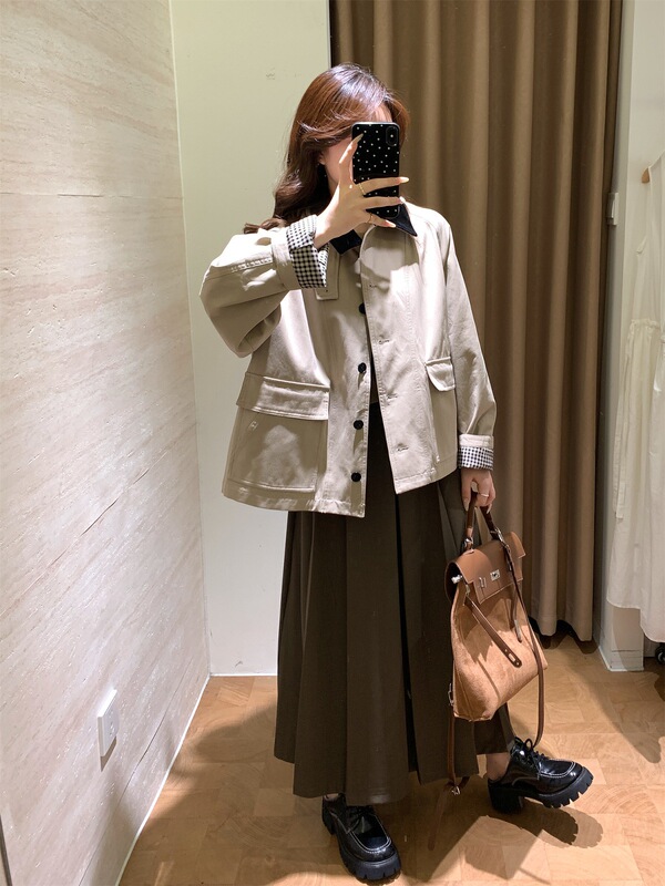 泽黛佳伊 复古巴恩风！廓形休闲灯芯绒拼接领短款风衣外套女秋|undefined
