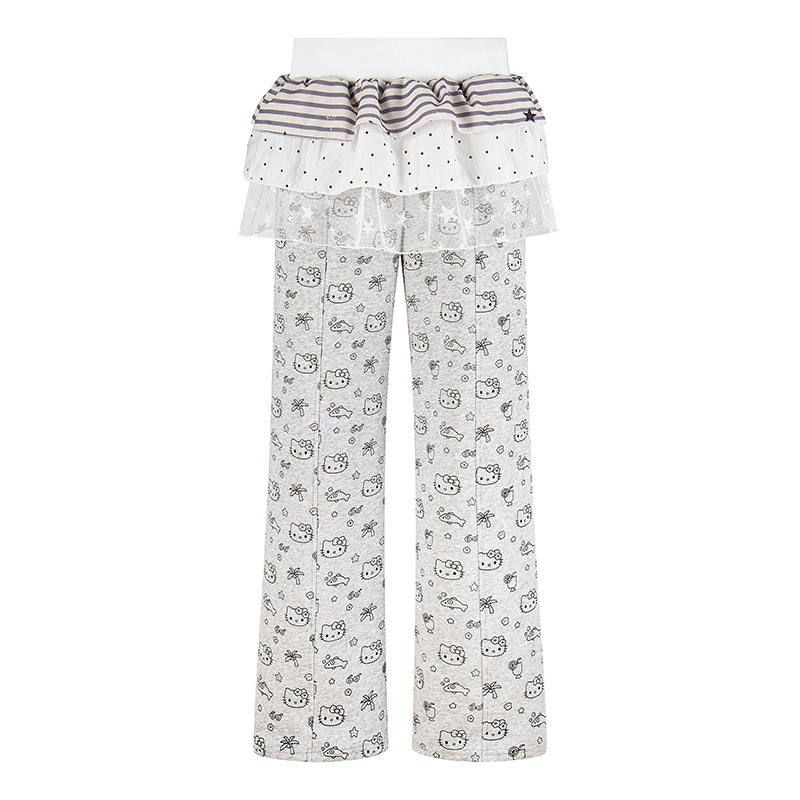 Spring Hello Kitty Sweatpants for Women, Trendy American Style with Lace Trim, Loose Printed Casual Pants, New Wide-Leg Sports Pants