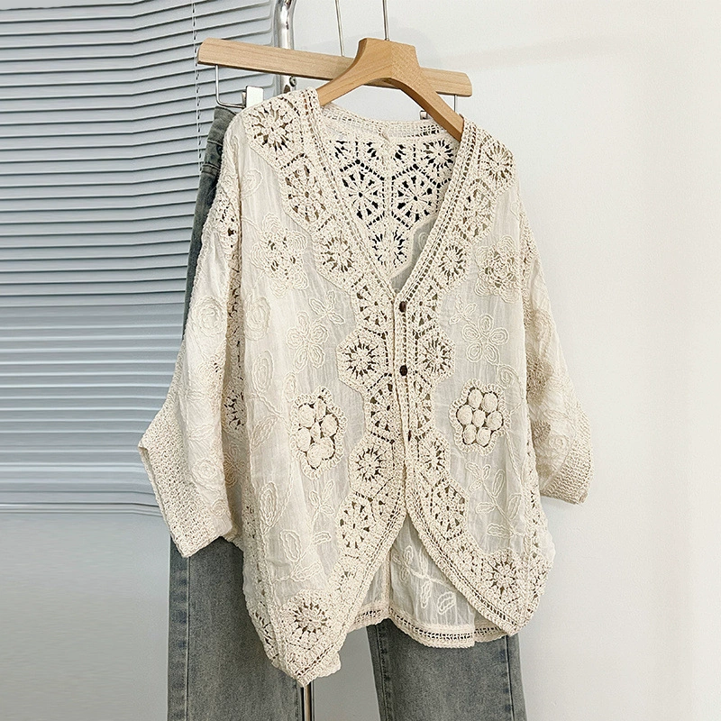 Реальная съемка~ женский новый стиль большого размера ворот crochet цветок полый рукав три четверти солнцезащитный кардиган толстеющий верх