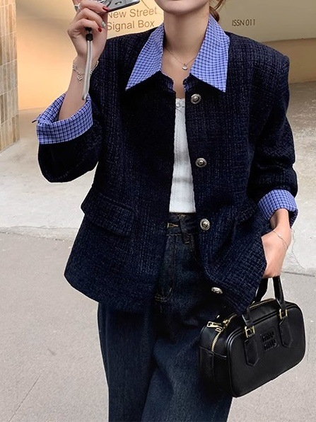 韩系格纹拼接假两件小香风外套女春秋季新款时髦洋气短款设计上衣|undefined