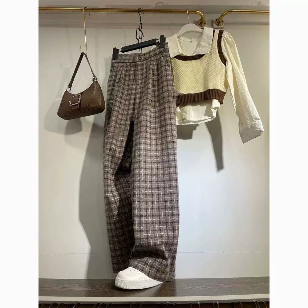 跨境春秋新款宽松格子直筒西装裤女毛呢咖色格子显瘦休闲长裤批发