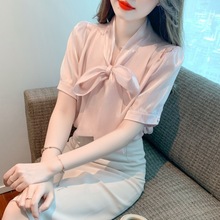 2024夏季新款韩版V领蝴蝶结蕾丝衫雪纺衫粉色甜美短袖小衫