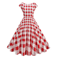 简约圆领连袖经典英伦格子露背小性感收腰复古气质大摆遮臀连衣裙
