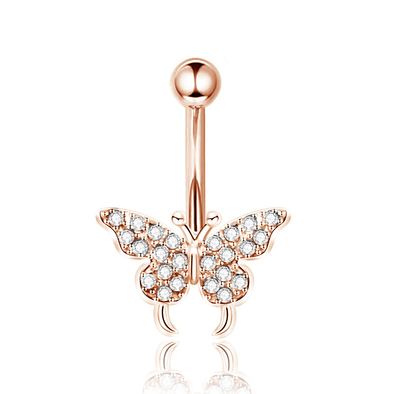 Piercing all'ombelico con farfalla in acciaio inossidabile in stile europeo e americano, con zirconi, gioiello con fiocco_voghion.com