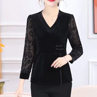 Middle-Aged and Elderly Mothers' Lace Button-Down Shirts, Stylish Slimming Look Bottoming Outer Wear, Long-Sleeved Large Size Gold Velvet Tops, Short Style