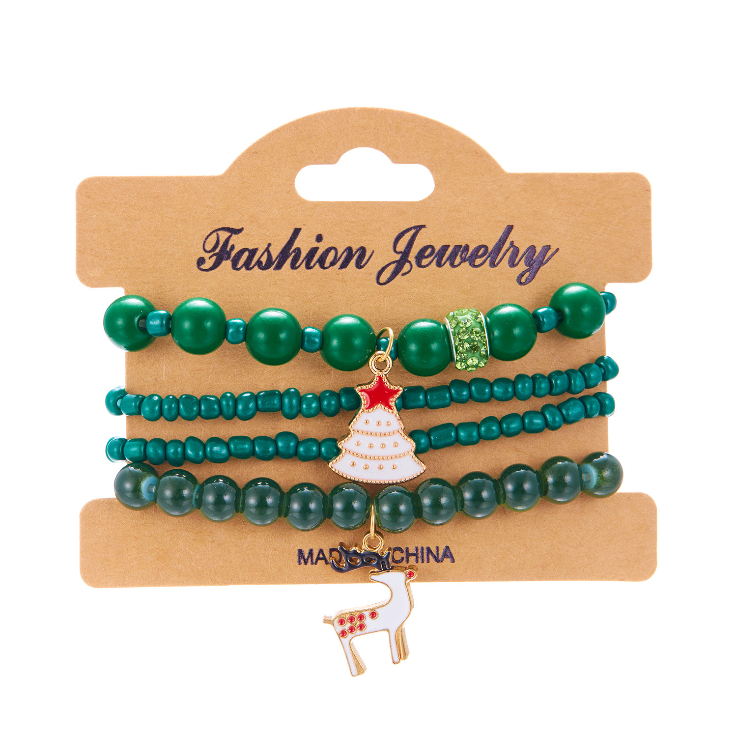 New Christmas Day Colorful Acrylic Diamond Snowflake Bell Elastic Bead Bracelet Set_voghion.com