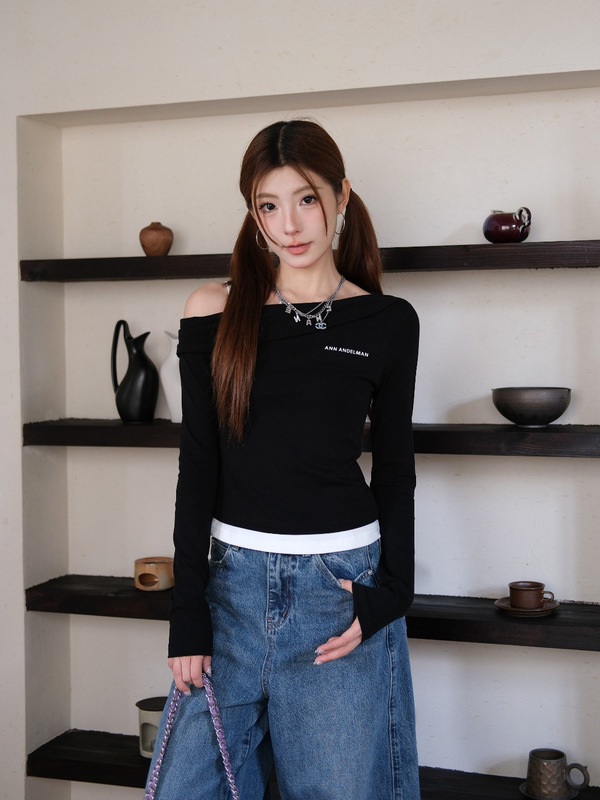an*家南油高版本美式辣妹风显瘦斜肩长袖吊带针织假两件露肩T恤女|undefined