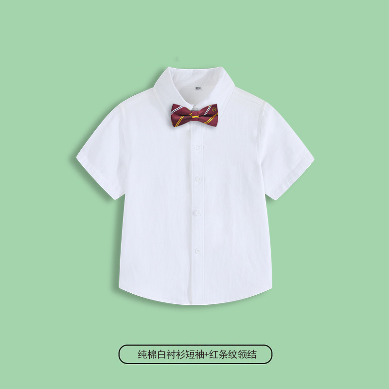 Camisa blanca de manga corta 100% algodón + pajarita roja a rayas. / 110cm